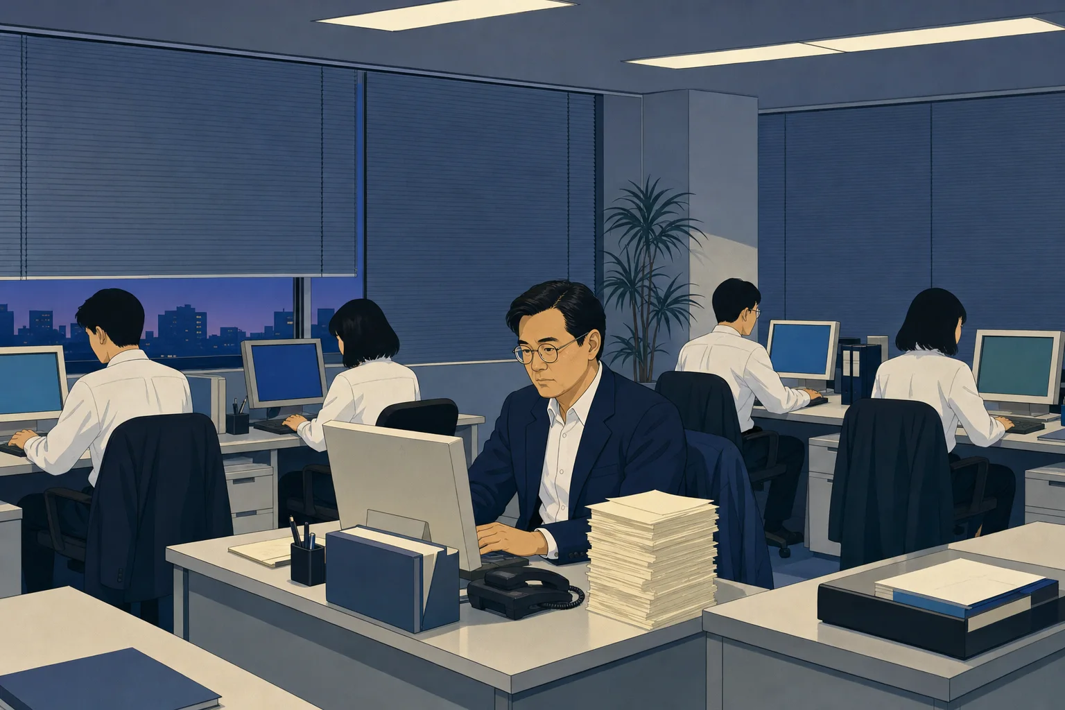 定時のオフィス。誰も帰っていない。机の隅にアルバイトのシフト希望の紙束
