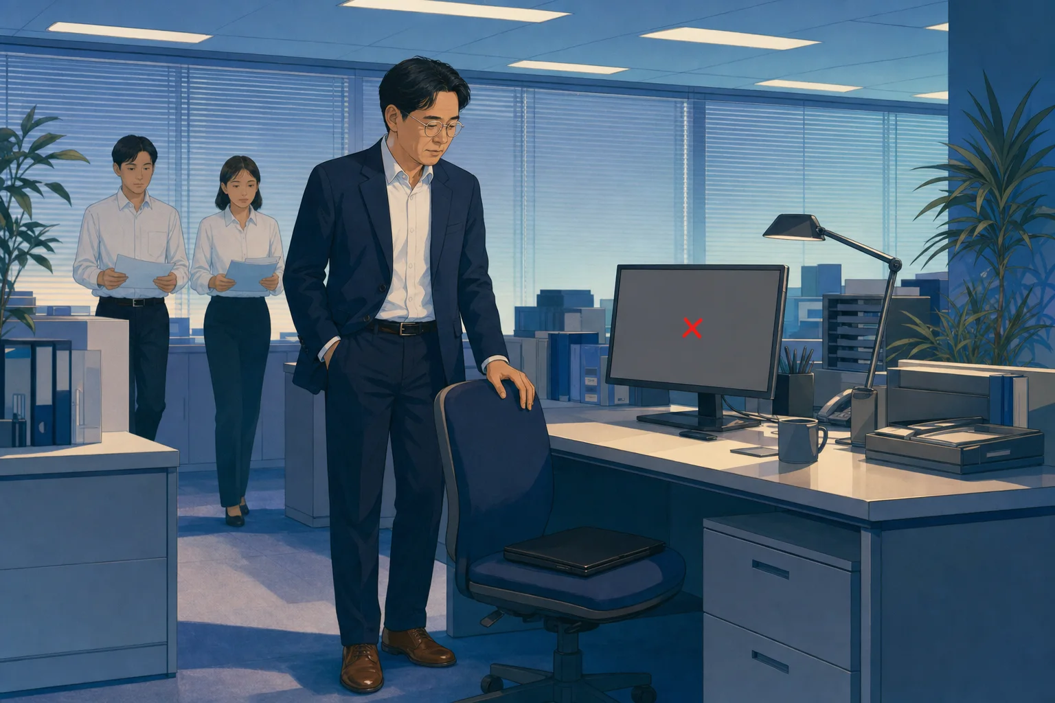 空いた席と返却されたノートPC。翌週、止まった集計の画面