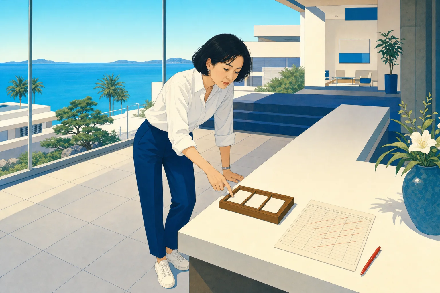 同じ予定表の前で、赤い斜線を指でなぞっている