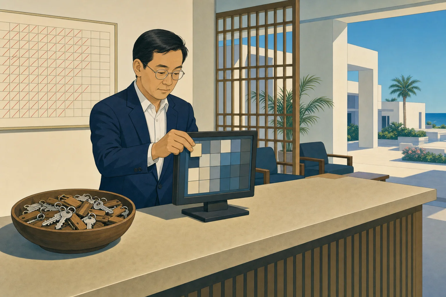 閑散期のロビー。誰もいない受付で料金の入れ直しを続けている