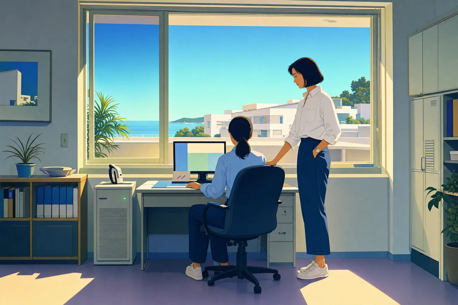 空いた席。後任が記憶の画面を開いて読んでいる