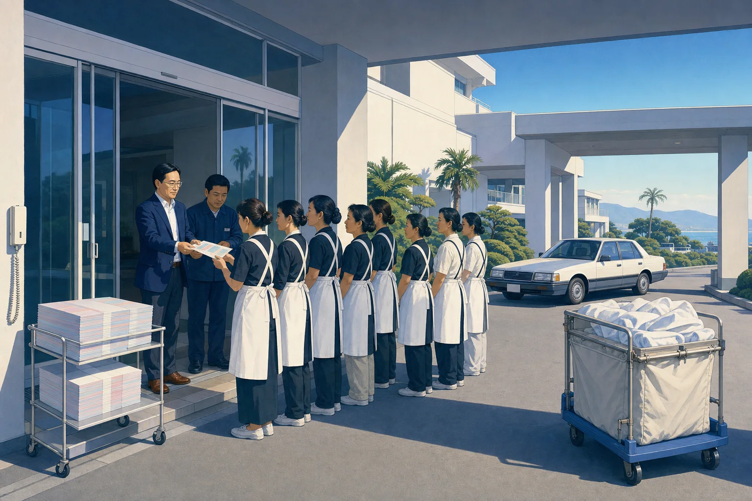 朝7時のフロント。刷り直した割り当て表を8人に配っている