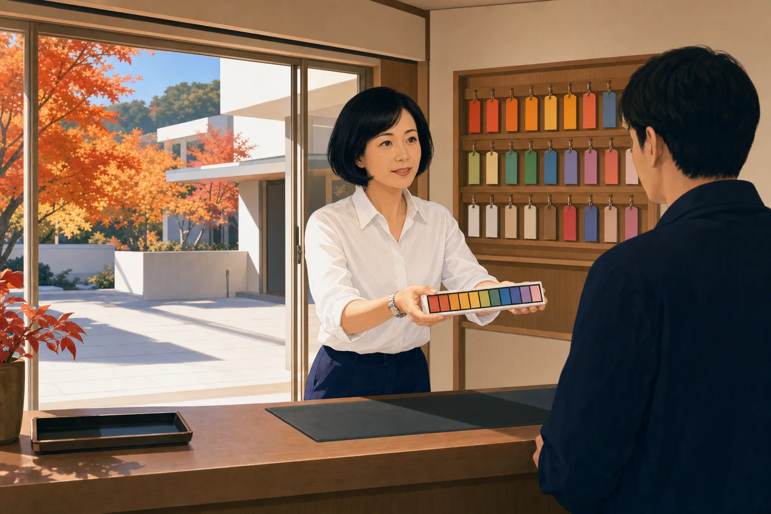 団体の担当者に、その場で画面を見せている