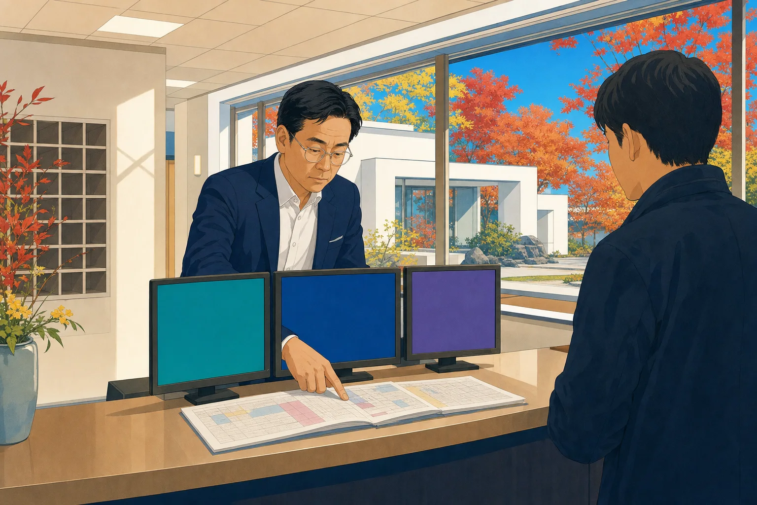 3つのOTAの在庫画面と紙の予定表を並べて、指で追っている