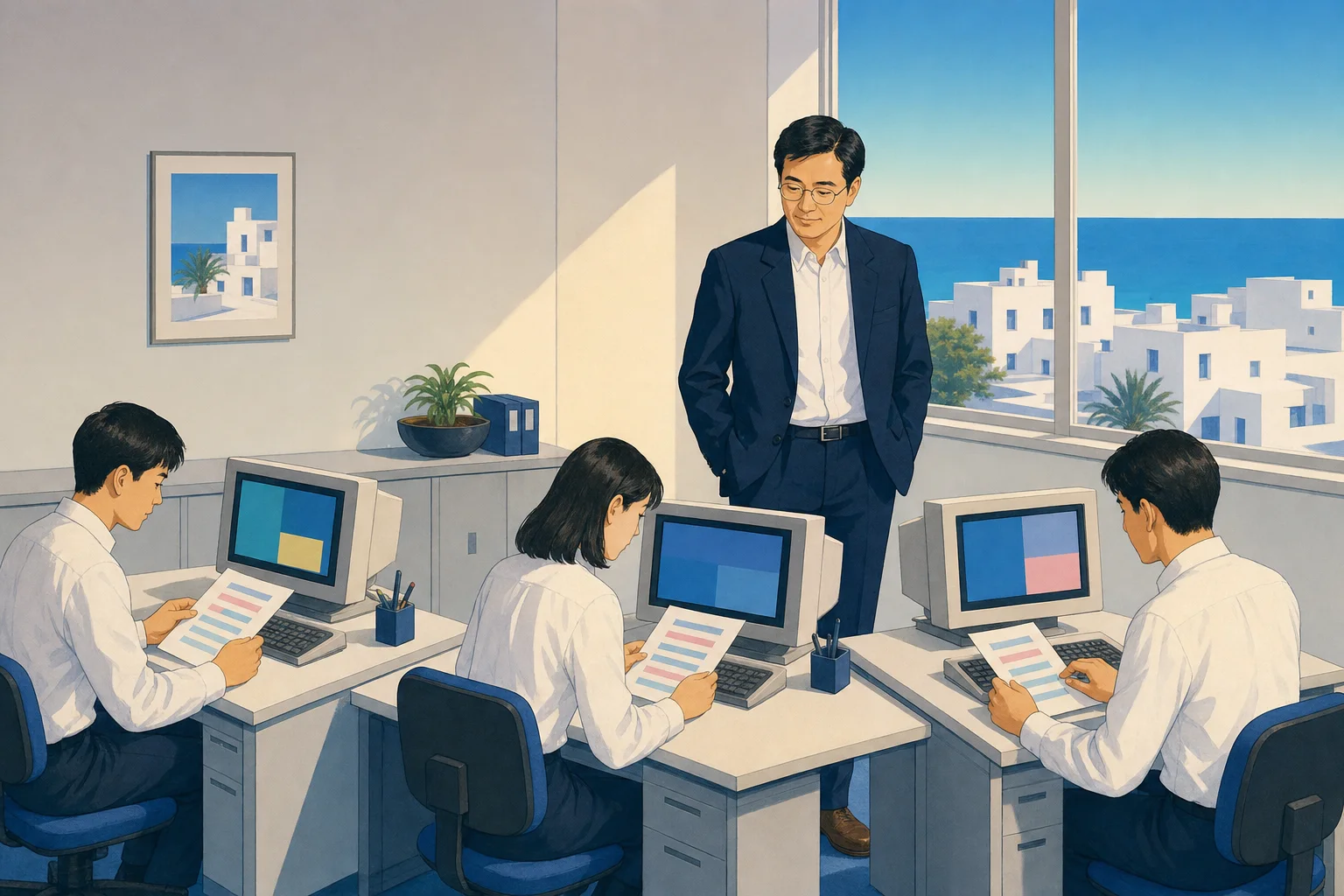 3人が並んで在庫表を見ながらモールの画面を直している