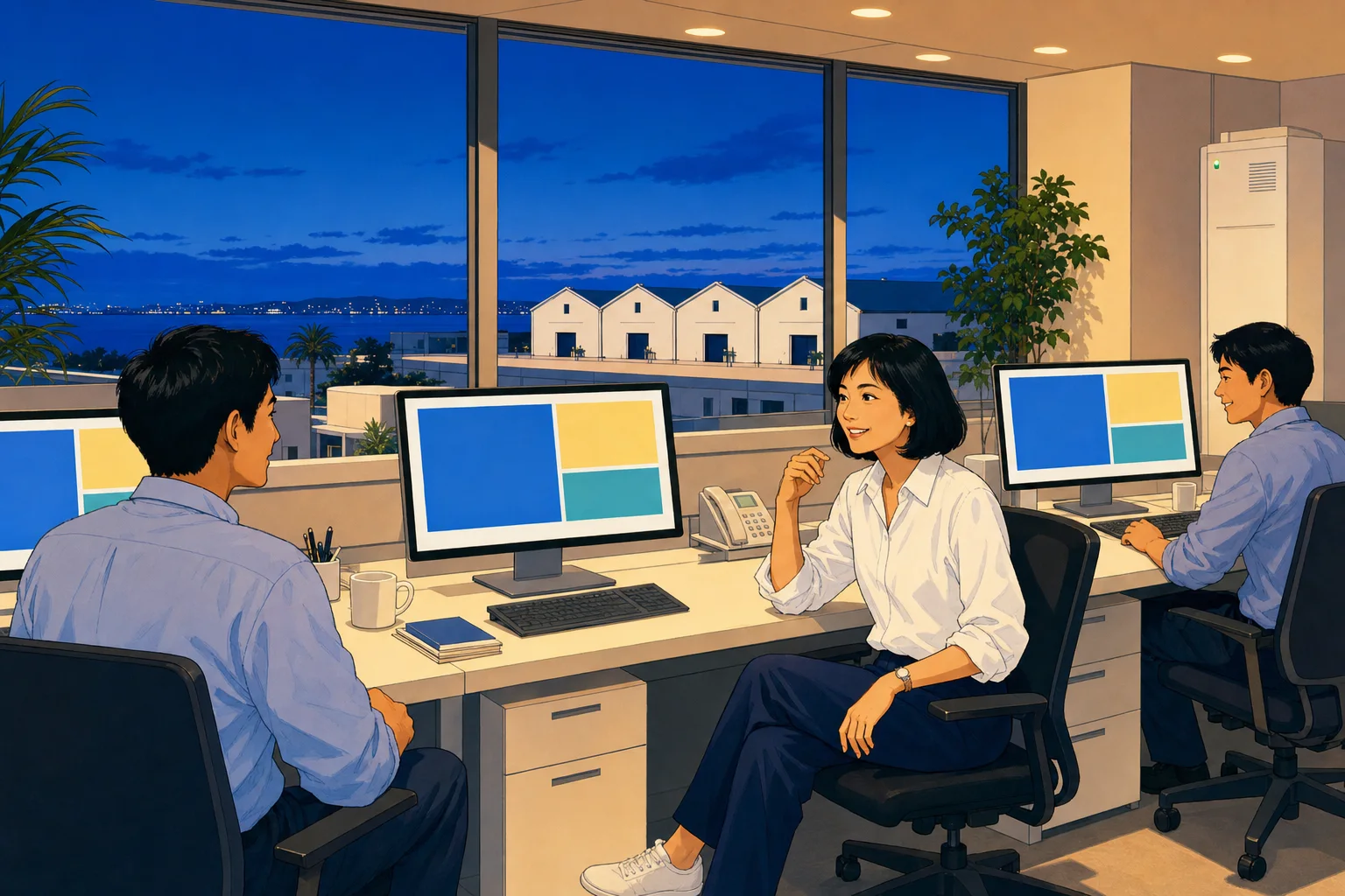 3人が別々の席から同じ画面を開いている