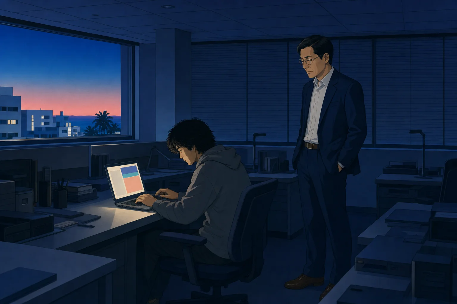 田村さんのノートPCだけに明かりがついている夜のオフィス